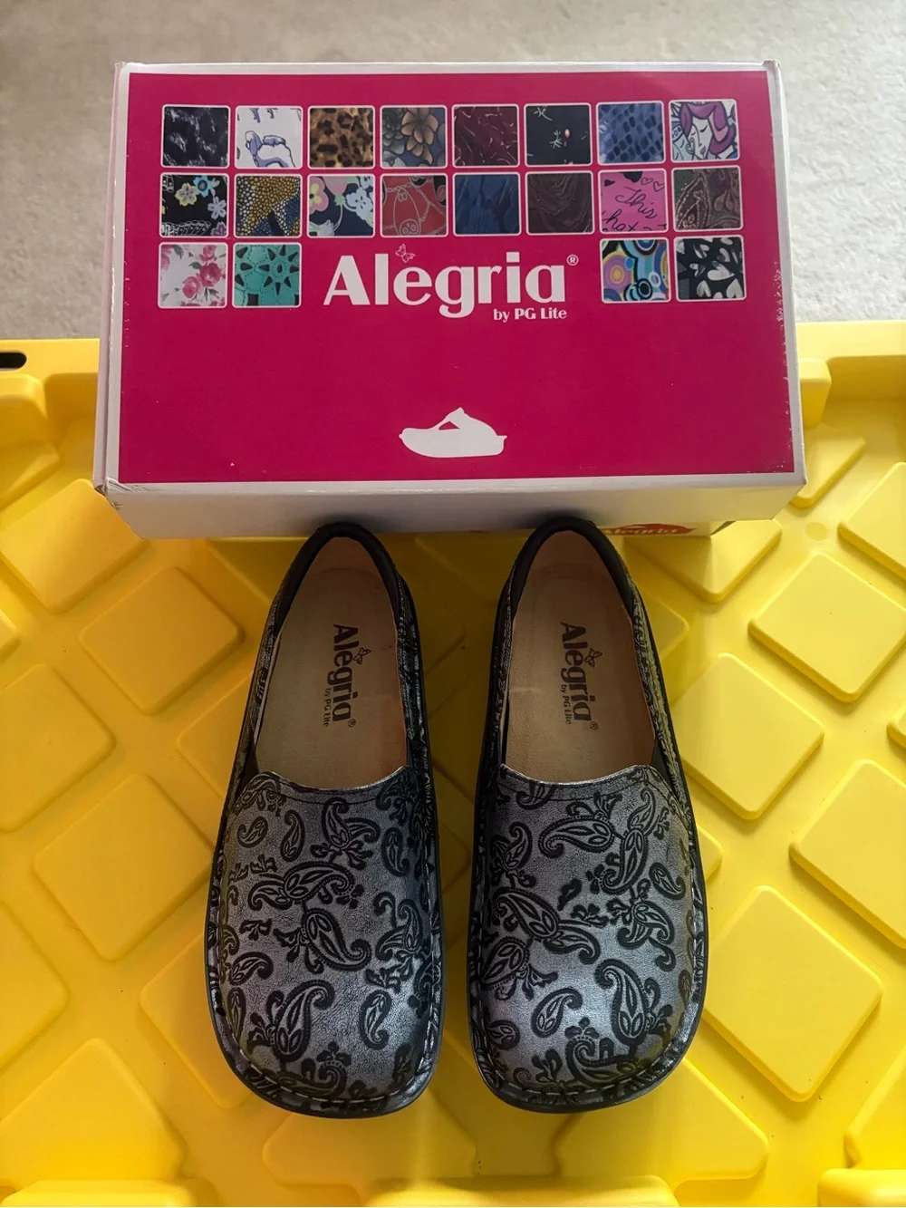 Alegria Black and Silver Paisley Slip-On Clogs